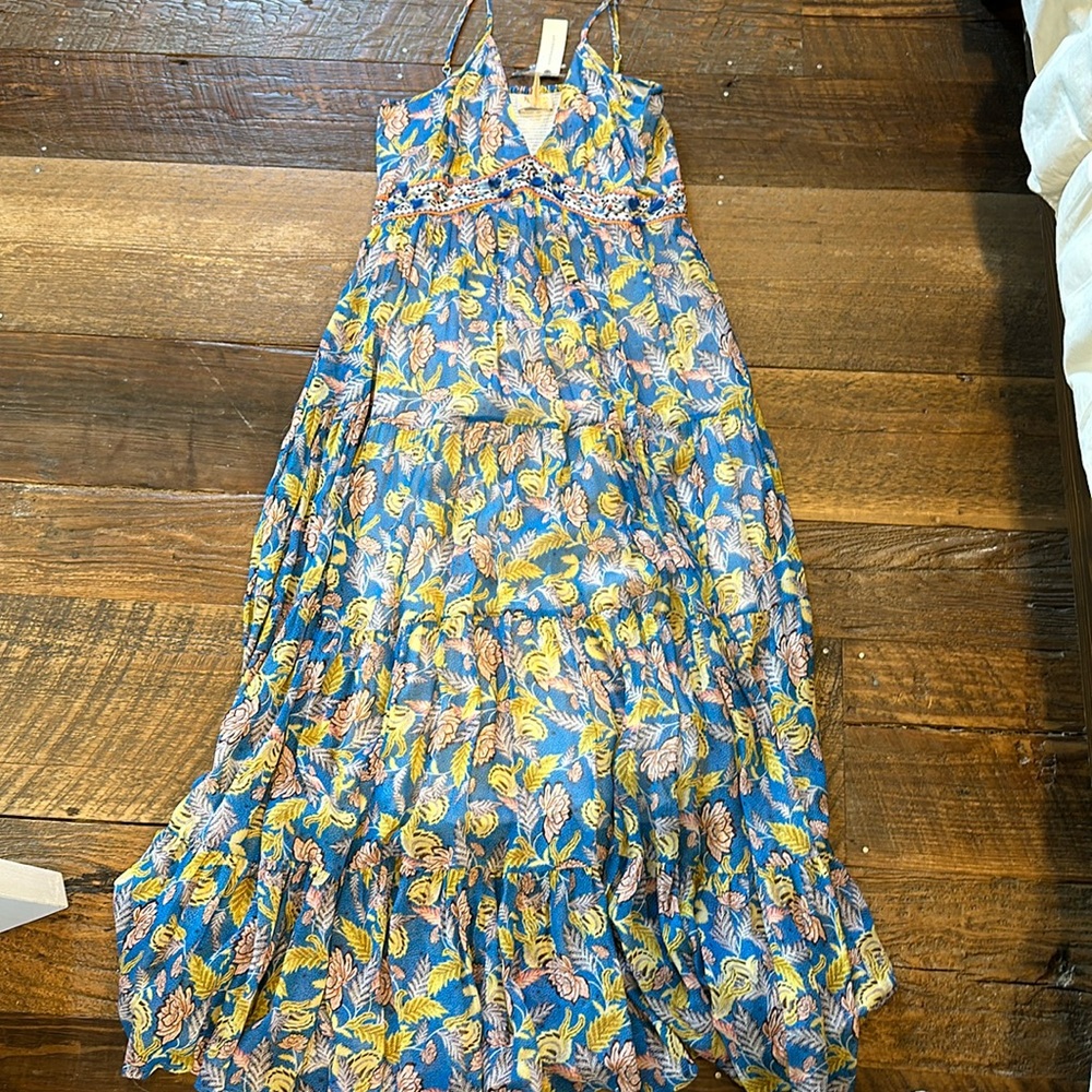 Anthropologie Blue Floral Maxi Dress with Yellow & Pink Accents